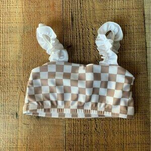 Orcas Lucille baby girls tan and white checkered swimsuit top with ruffle sleeve